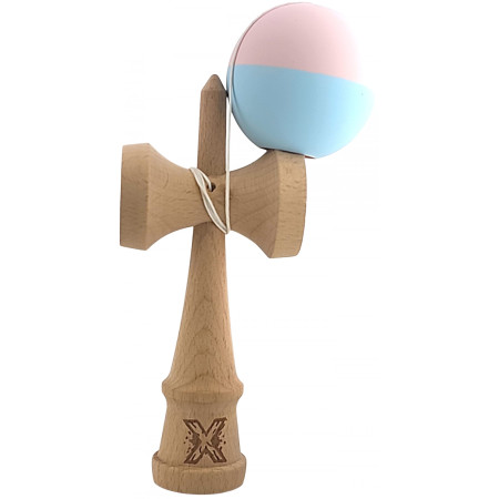 Kendama X Originala, Profesionala,  Cyrax, din lemn, Rubber Grip, 18 cm, Roz/Albastru
