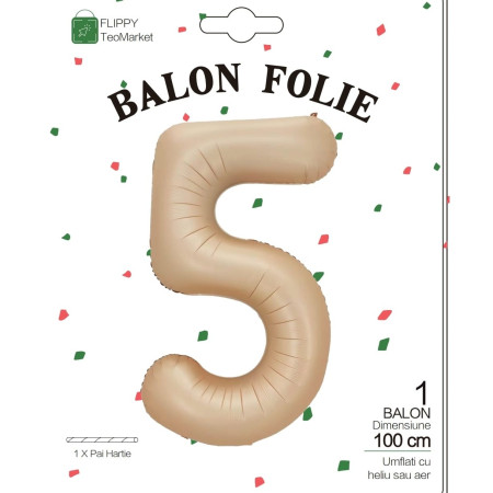 Balon din Folie Metalizata, Cyrax, Figurina Cifra, Model 5, Tema Aniversare 100 cm, Ambalaj Individual, Pai Inclus, Umflare cu Aer sau Heliu, Crem