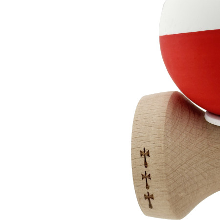 Kendama X Originala, Profesionala, Cyrax, Rubber Grip, Cupe Mari KING SIZE V3, Gaura in Baza, Rulment Metalic, din lemn 18 cm, Ata 62/65 cm, Bicolor Alb/Rosu