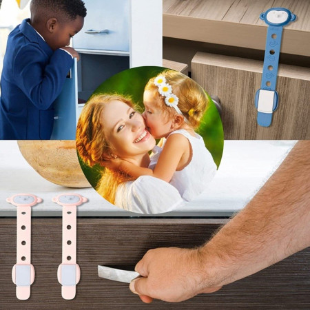 Siguranta pentru Usi Copii,  Sistem de Blocare Sertare, Dulap, Frigider, Adeziv, cu Sistem de Inchidere Dublu, Model Maimutica, Roz