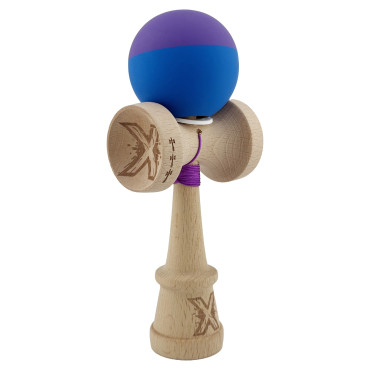 Kendama X Originala, Profesionala, Cyrax, Rubber Grip, Cupe Mari KING SIZE V3, Gaura in Baza, Rulment Metalic, din lemn 18 cm, Ata 62/65 cm, Bicolor Mov/Albastru