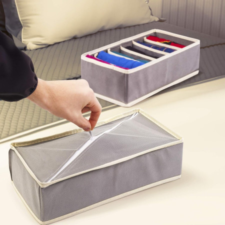 Cutie De Depozitare,  Pentru Lenjerie, Sosete Si Sutiene, Material Textil, 6 Compartimente, 32 x 16 x 10 cm, Culoare Gri