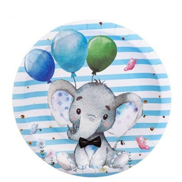 Set 10 Farfurii Unica Folosinta, Cyrax, Imprimeu Elefant, din Carton, 17 cm, Albastru