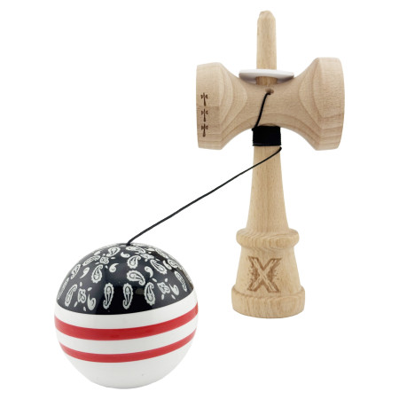 Kendama X Originala CHICANOS, Profesionala, Cyrax, Cupe Mari KING SIZE V3, Super Sticky, Gaura in Baza, Rulment Metalic, din lemn 18 cm, Ata 55 cm, Negru/Alb