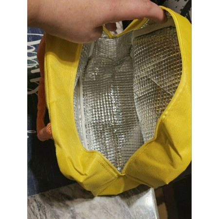 Geanta Termoizolanta pentru Copii, Cyrax, 23x13x19 cm, Model Imprimeu Dinozaur, din Folie de Aluminiu si Panza Oxford, Albastru/Galben