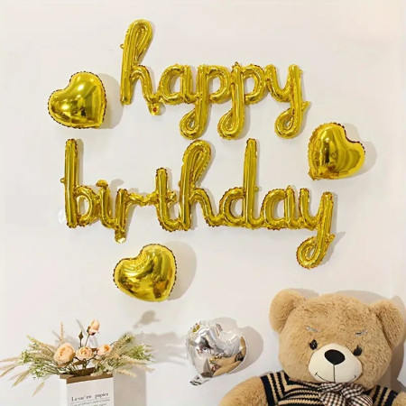 Set 10 Baloane din Folie Metalizata, Cyrax, Figurine Litere, Model Scris de Mana Happy Birthday, Tema Aniversare, 40 cm, Ambalaj Individual, Pai Inclus, Umflare cu Aer sau Heliu, Auriu