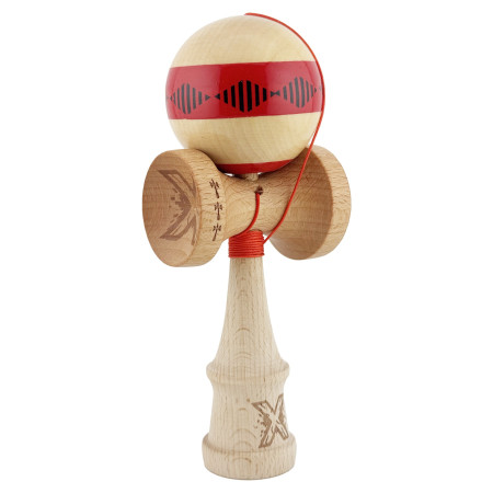 Kendama X FREQUENCY Originala, Profesionala, Cyrax, Big Cups V2, Super Sticky cu Cupe Mari, Rulment Metalic, din lemn 18 cm, Ata 55 cm, Rosu/Maro