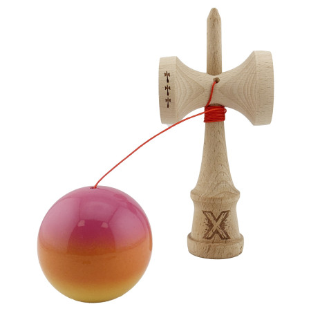 Kendama X Originala, Profesionala, Cyrax, Big Cups V2, Super Sticky Cupe Mari, Rulment Metalic cu Ata 55 cm, Roz/Portocaliu/Galben