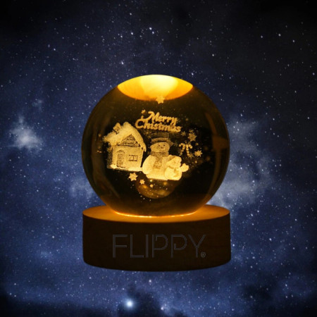 Lampa LED Decorativa,  cu Bila de Cristal cu Diametru 6cm, Model Merry Christmas 3D, Alimentare USB, Suport din Lemn, Lumina Alb Cald