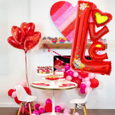 Balon din Folie Metalizata, Cyrax, Figurine, Model LOVE, Tematica Iubire, 110x64 cm, Ambalaj Individual, Pai Inclus, Umflare cu Aer sau Heliu, Rosu