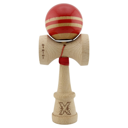 Kendama X Originala RAINBOW, Profesionala, Cyrax, Cupe Mari KING SIZE V3, Super Sticky, Gaura in Baza, Rulment Metalic, din lemn 18 cm, Ata 55 cm, Rosu/Maro