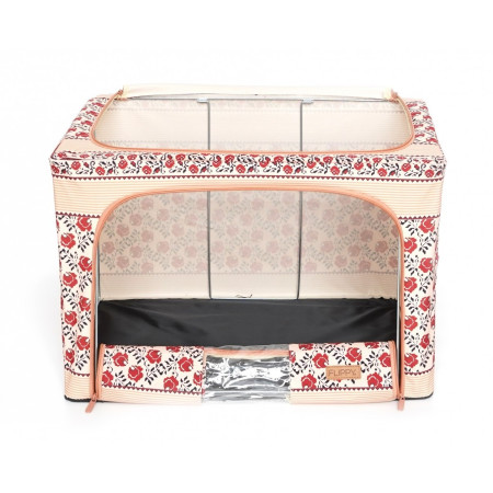 Cutie de Depozitare Pliabila,  66 L din Bumbac si In, 52 x 42 x 39 cm, Fereastra Frontala, 2 Usi de Acces cu Fermoar Bidirectional, Cadru Metalic, Suport Baza Stabil din Plastic, Motiv Traditional Model 7