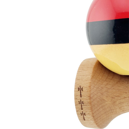 Kendama X Originala, Profesionala, Cyrax, Big Cups V2, Super Sticky cu Cupe Mari, Rulment Metalic, din lemn 18 cm, Ata 55 cm, Rosu/Negru/Galben
