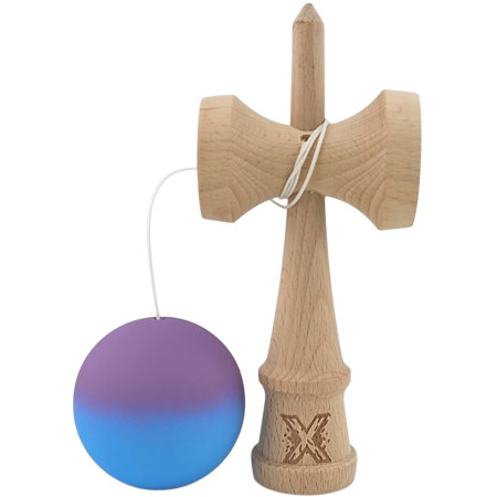 Kendama X Originala, Profesionala, Cyrax, din Lemn, Rubber Grip, 18 cm, Gradient Violet/Albastru