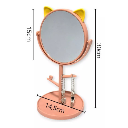 Oglina Cosmetica cu Picior, Cyrax, HD, Rotire 360 Grade, 15 cm Diametru, Suport Bijuterii Baza Rotunda + 2 Brate, Model cu Urechi, 31 x 14.5 x 15 cm, din Plastic, Roz/Galben