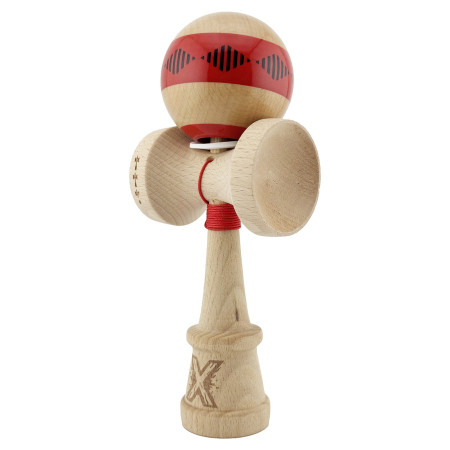 Kendama X Originala FREQUENCY, Profesionala, Cyrax, Cupe Mari KING SIZE V3, Super Sticky, Gaura in Baza, Rulment Metalic, din lemn 18 cm, Ata 55 cm, Rosu/Maro