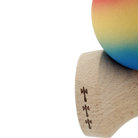 Kendama X Originala, Profesionala, Cyrax, Cupe Mari KING SIZE V3, Rubber Grip, Gaura in Baza, Rulment Metalic, din lemn 18 cm, Ata 62/65 cm, Gradient Rosu/Galben/Albastru