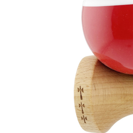 Kendama X Originala, Profesionala, Cyrax, Big Cups V2, Super Sticky cu Cupe Mari, Rulment Metalic, din lemn 18 cm, Ata 55 cm, Alb/Rosu