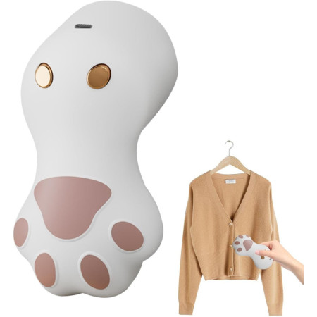 Aparat pentru Curatat Scame, Par Si Praf,  Pentru Diferite Tipuri De Material, Incarcare USB Type-C, Model Labuta de Pisica, 14x7x7.5 cm, Alb-Roz