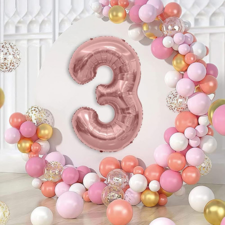 Balon din Folie Metalizata Cyrax, Figurina Cifra, Tema Aniversare 100 cm, Ambalaj Individual, Pai inclus, Umflare cu Aer sau Heliu, Coral, Rose Gold, Cifra 3