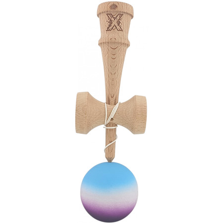 Kendama X Originala, Profesionala, Cyrax, din Lemn, Rubber Grip, 18 cm, Albastru/Alb/Violet 