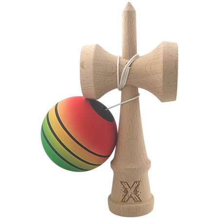 Kendama X Originala, Profesionala, Cyrax, din Lemn, Rubber Grip, 18 cm, Rosu/Galben/Verde