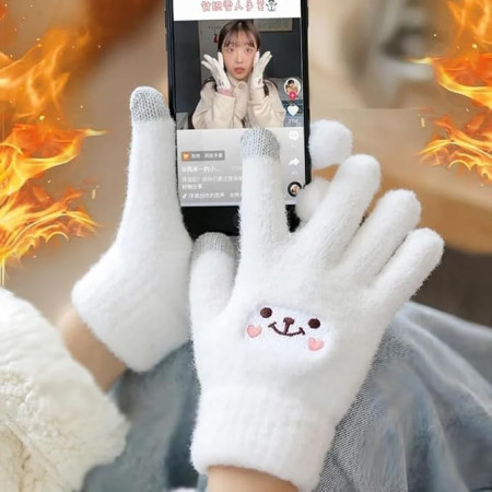 Manusi Dama,  Model Fata Zambitoare, Functie Touchscreen (ecran tactil), Material Lana Brodata, Manseta Elastica, Interior Pufos, Marime Universala, Alb