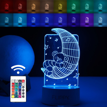 Lampa LED decorativa,  3D, Ursulet si Semiluna, cu telecomanda, doua moduri de alimentare USB si baterii, 20 cm inaltime, din material acril si lumina multicolora, alb