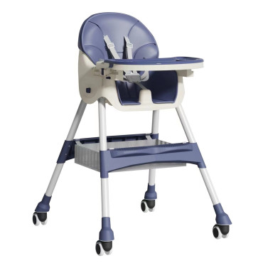 Scaun de masa pentru bebelusi si copii Cyrax, cu roti, telescopic, pliabil, masuta reglabila, suport picioare, scaun invelis piele artificiala, centura siguranta, spatiu depozitare, 97 x 73 x 65 cm, albastru
