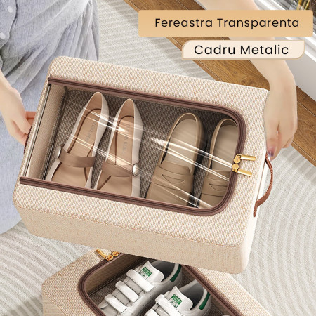 Cutie Depozitare cu Cadru Metalic,  pentru Incaltaminte, Haine, Lingerie, Fermoar Calitativ, Fereastra Transparenta, Manere Laterale, 40 x 30 x 15 cm Bej