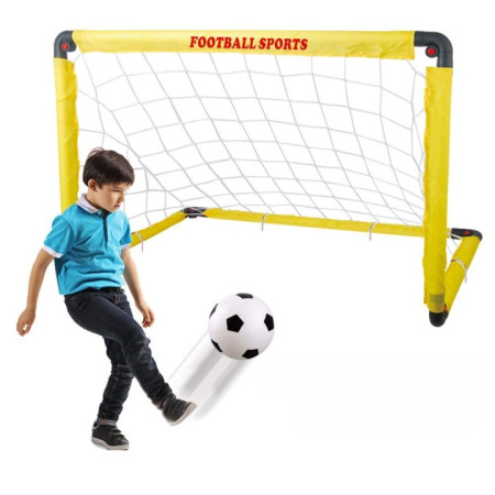 Set Poarta de Fotbal pentru Copii, Cyrax, 80x120 cm, Minge, Cartonase, Pompa, Fluier, Interactiv, Distractiv, Galben
