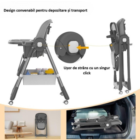 Scaun de Masa pentru Bebelusi si Copii, Cyrax, 2 Tavite si Husa Detasabile, Multifuncțional, Stabil, Centura de Siguranta, Inaltime Ajustabila, Spatar Reglabil Moale, Cos de Depozitare, 100x50x80cm, de la 6 Luni, Gri