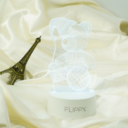 Lampa LED decorativa,  3D, Urs cu palarie, cu telecomanda, doua moduri de alimentare USB si baterii, 20 cm inaltime, din material acril si lumina multicolora, alb