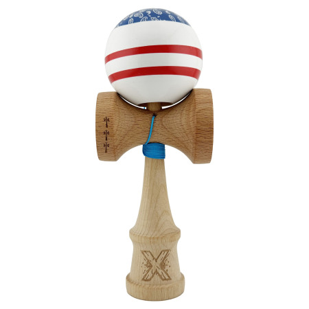 Kendama X CHICANOS Originala, Profesionala, Cyrax, Big Cups V2, Super Sticky cu Cupe Mari, Rulment Metalic, din lemn 18 cm, Ata 55 cm, Albastru/Alb