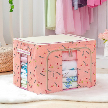 Cutie de Depozitare Pliabila,  24 L, Panza Oxford, 40x30x20 cm, Fereastra Frontala, 2 Usi de Acces cu Fermoar Bidirectional, Cadru Metalic, Suport Baza Stabil din Plastic, Imprimeu Cirese, Roz