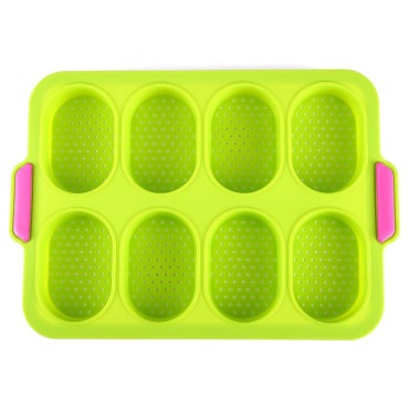 Forme de Silicon pentru Copt, Cyrax, 8 Forme Ovale, pentru Paine si Prajituri, 34.5 x 23.8 x 2.5 cm, Verde/Roz