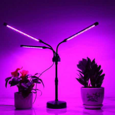 Lampa UV pentru cresterea plantelor,  Alimentare cu USB, 15W, 3 capete, 72 LED-uri, 9 nivele lumina, Timer, Inaltime Ajustabila pana la 65 cm Lumina Mov