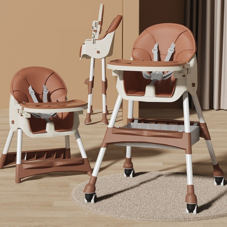 Scaun de masa pentru bebelusi si copii Cyrax, cu roti, telescopic, pliabil, masuta reglabila, suport picioare, scaun invelis piele artificiala, centura siguranta, spatiu depozitare, 97 x 73 x 65 cm, maro