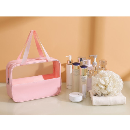 Geanta cosmetice Cyrax, pentru voiaj sau organizare, material PVC/textil, impermeabila, portabila, 30 x 21 x 12 cm, roz