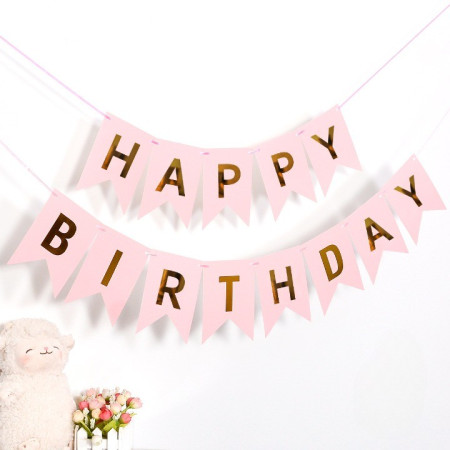 Banner Happy Birthday 100x200 cm, Cyrax, Dimensiune Stegulet 11.5x16.5 cm, Rola de Ata Inclusa, Roz