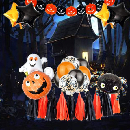 Set 5 Baloane din Folie Metalizata, Cyrax, Figurine, Tema Halloween, Pai Inclus, Ambalaj Individual, Umflare cu Aer sau Heliu, Figurina Dovleac cu Fantoma 64x80 cm, Stelute si Cerculete 45 cm, Multicolor