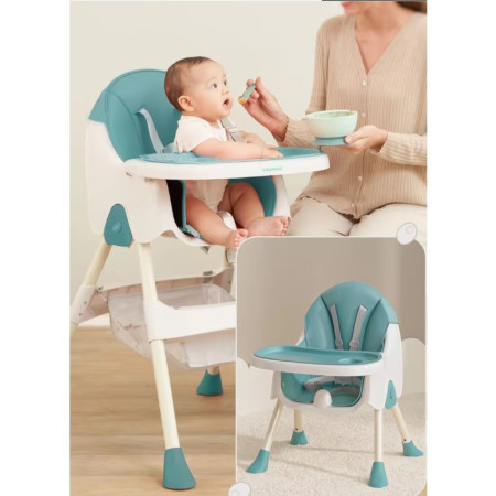 Scaun de Masa Pliabil 3in1, Cyrax, Reglabil, Multifunctional, 3 Pozitii, Masuta si Husa Detasabile, Centura de Siguranta, Albastru