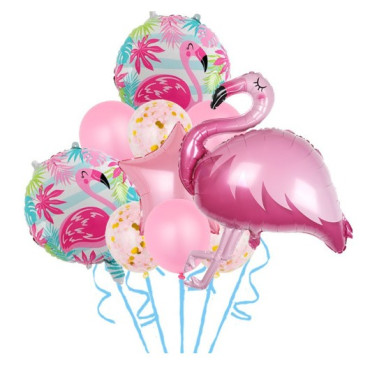Set Baloane party aniversare, Cyrax, din Folie de aluminiu si Latex, set din 10 baloane Flamigo Party, 1 stea, 5 baloane latex, 2 rotunde, 60 -90 cm, Rose