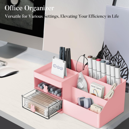 Cutie de Depozitare pentru Birou,  Pentru Makeup, Papetarie, Organizator Cosmetice, 2 Sertare si Compartimente Multiple, Model Iepuras, Plastic, 27.5x15.5x12 cm, Roz