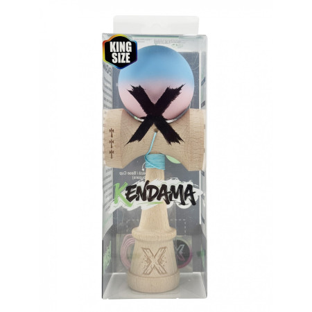 Kendama X Originala, Profesionala, Cyrax, Rubber Grip, Cupe Mari KING SIZE V3, Gaura in Baza, Rulment Metalic, din lemn 18 cm, Ata 62/65 cm, Gradient Albastru/Roz