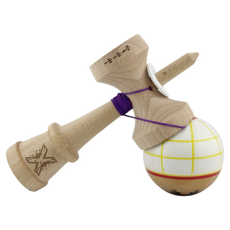 Kendama X Originala, Profesionala, Cyrax, Legendary Glob, Cupe Mari KING SIZE V3, Super Sticky, Gaura in Baza, Rulment Metalic, din lemn 18 cm, Ata 55 cm, Alb/Galben/Rosu