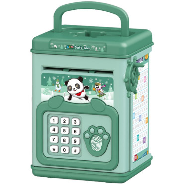 Pusculita pentru Copii, Cyrax, pusculita pentru economii SMART BOX cu efecte sonore, Tip ATM, cu Parola cu Amprenta, din plastic, 20 x 13.5 x 11.5 cm Verde