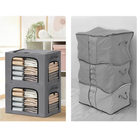 Cutie de Depozitare,  cu 3 Ferestre cu Fermoar Bidirectional, Cadru din Otel, Impermeabil, 38L, 42 x 30 x 30 cm, Gri Inchis