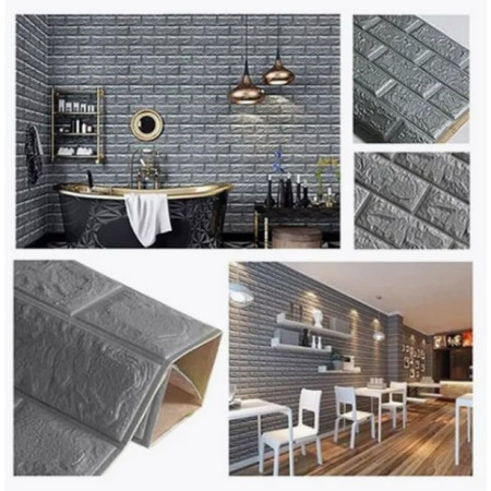 Set 10 Placi de Tapet,  Autoadezive, 70 x 77 cm, 2.5 mm Grosime, Suprafata Acoperita 5.3 mp, din PVC, Model Caramida, Argintiu