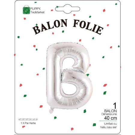 Balon Folie Metalizata Litera B, Cyrax, 40 cm, Umflati cu Heliu sau Aer, Ambalaj Individual, Pai inclus, Argintiu
